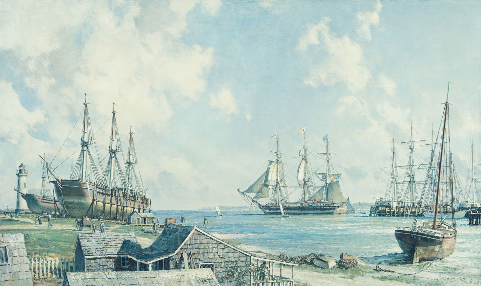 John Stobart litho Sailing Day Nantucket in 1841: Stobart, John (British/American, 1929-2023), Sailing Day Nantucket in 1841, offset lithograph, 19.5 x 32.25 inches, pencil signed and numbered 423/750, framed measuring 33 x 43 inches.