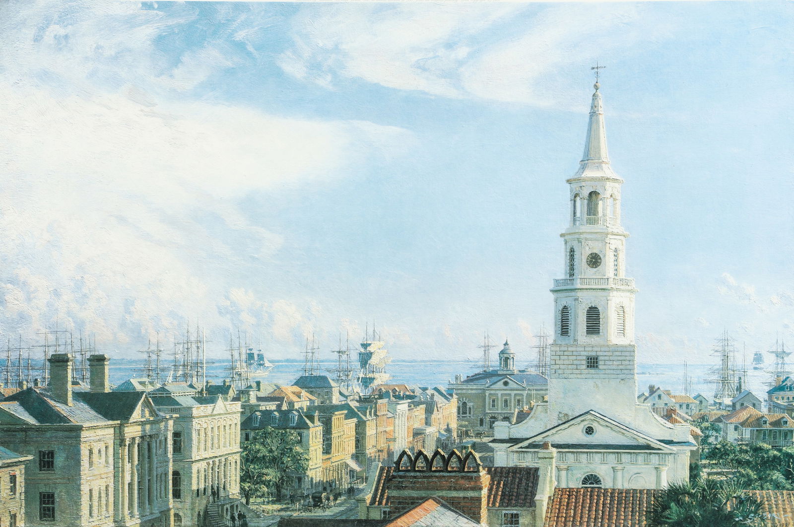 John Stobart litho Charleston, the Celebrated Southern Port Over the Rooftops in 1870: Stobart, John (British/American, 1929-2023), Charleston, the Celebrated Southern Port Over the Rooftops in 1870, offset lithograph, sight size is 22'' x 29'', pencil signed lower right, numbered AP 21