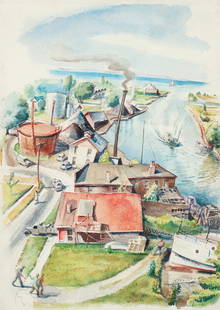 Stuyvesant Van Veen 1940s watercolor Looking Toward Mackinac: Van Veen, Stuyvesant (Stuart) (American/New York, 1910-1987), Looking Toward Mackinac, (American Girl), circa 1940, watercolor, 18 x 13 inches, signed lower right, Provenance: Ellen Sragow, framed
