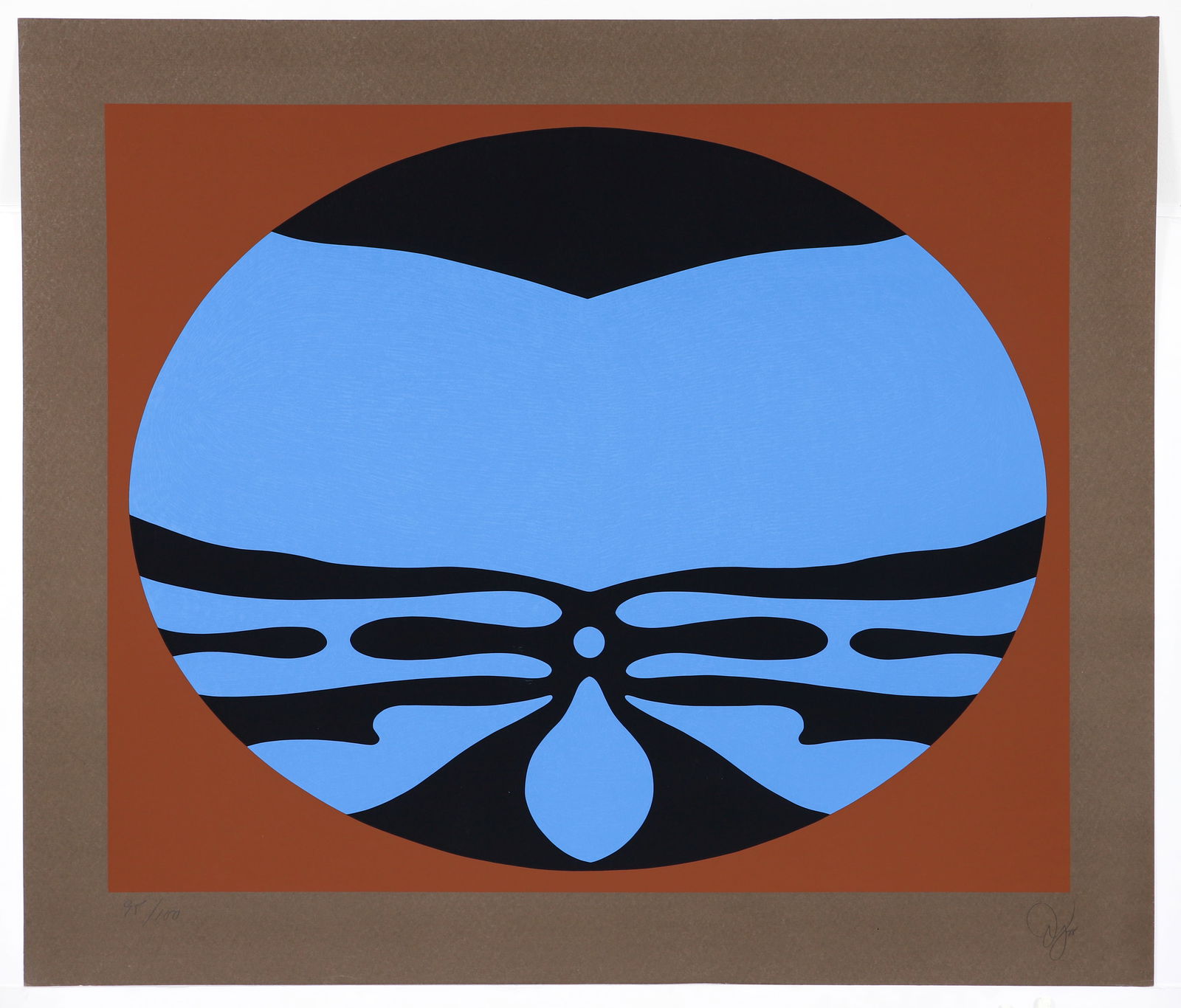 Jack Youngerman Large Blue and Brown Serigraph Signed 1978: Youngerman, Jack (American, 1926-2020), Untitled (Blue and Brown), 1978, color serigraph on paper, pencil signed, dated and editioned artist proof at lower margin, sheet size 50.5 x 48.75 inches, prin