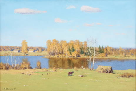 Eastern European or Russian Autumn Landscape painting: 20th Century Eastern European or Russian School, Autumn Landscape with Cow by Riverbank, 1981, oil on canvas, 19 x 28.1 inches, signed and dated lower left, with a strip frame,