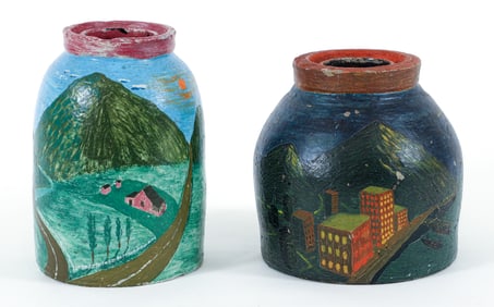 2 D.E. Potts Hand painted Folk Art Ceramic Vessels 1949