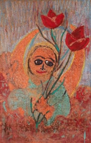 Robert Wright Oil on Corkboard Figure with Tulips