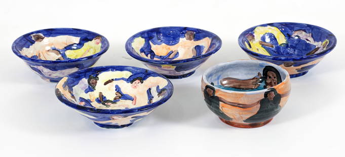 5 pc Woodie Long Figural Painted Bowls: Long, Woodie (Alabama/Florida, 1942-2009), 5 painted bowls, includes 4 pc angel figures set with additional bowl of woman with purse at interior, late 20th century, painted ceramic with illegible