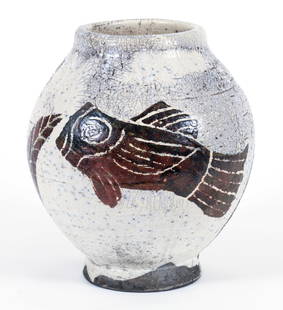 American Studio Pottery 1990s: Unknown artist, American studio pottery vessel with fish, 1990s, painted and glazed ceramic, signed "-11 2" at base and side, 11.75 x 10.5 inch diameter. Provenance: Virginia Freeman Gallery, Destin