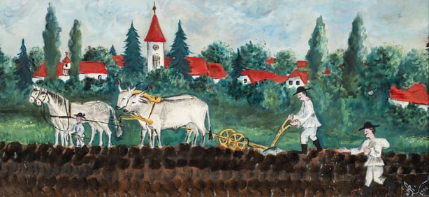 1966 Folk Art Oil on Canvas Farmers Tilling the Field