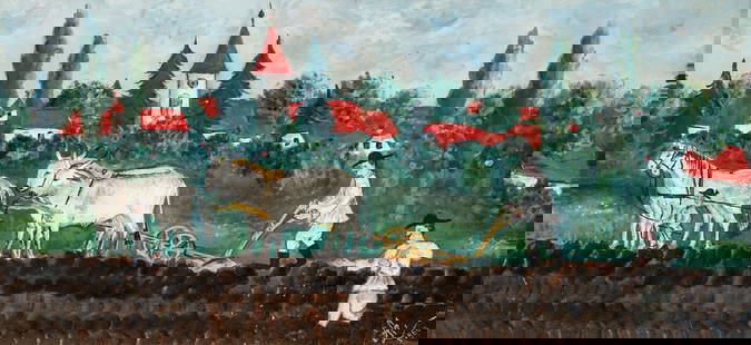 1966 Folk Art Oil on Canvas Farmers Tilling the Field: Folk Art oil on canvas depicting farmers tilling a field, American, 1966. No apparent signature. In a 21.25 x 38.25 inch wooden frame.