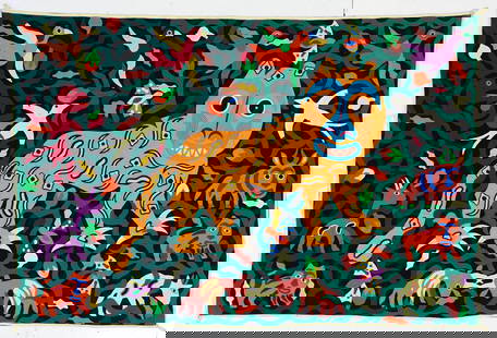 Dahomey Lion West African Fabric Applique 1983: Dahomey Lion, 1983, fabric applique, refers to iconic lion imagery associated with the Fon kingdom of Dahomey (present-day Benin), includes fabric loops at all four corners as well as Velcro along