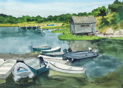 Robert Bowden 2009 watercolor Boats on Lake Dock