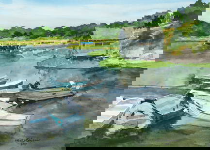Robert Bowden 2009 watercolor Boats on Lake Dock: Bowden, Robert (American/Western PA, born 1932), Boat Dock on Lake, 2009, watercolor, 13 x 18 inches, signed and dated lower right, framed measuring 19 x 24 inches, Provenance: Mendelson Gallery,