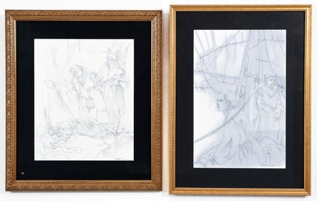 2 David M. Bowers Book Illustrations Graphite on Paper
