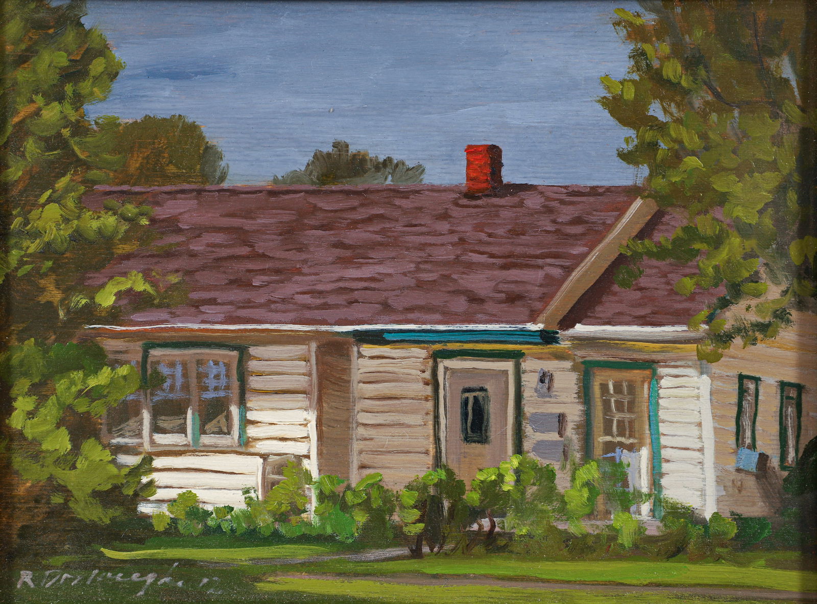 Ron Donoughe oil painting used as TV series prop art: Donoughe, Ron (Contemporary Western PA, born 1958), House Painting, TV Series prop art for series 'Those Who Kill', 2014 starring Chloe Sevigny and shot in Pittsburgh, 9 x 12 inches, signed lower left