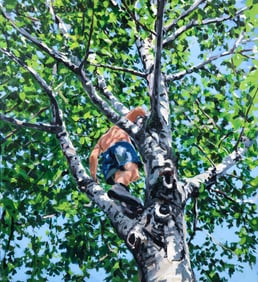 Bud Gibbons plein air oil painting Boy in Tree