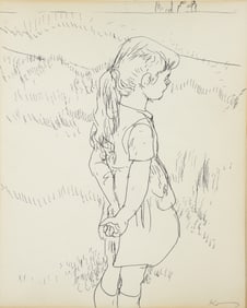Henry Koerner Little Girl on Field Pen and Ink Drawing