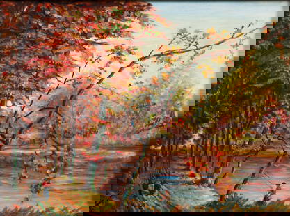 Teofilo Magliocchi Autumn Landscape Oil on Board: Magliocchi, Teofilo (Italian/American/Pittsburgh, 1904-1985), Autumn Landscape with Fisherman, c.1960, oil on artist's board, signed lower left, 18 x 24 inches, in a carved wood frame 25 x 31 inches.