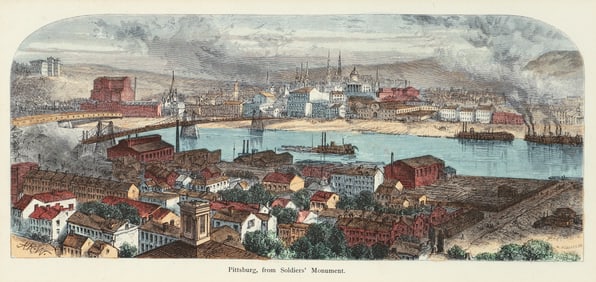 Handcolored Engraving Pittsburgh from Soldiers' Monument