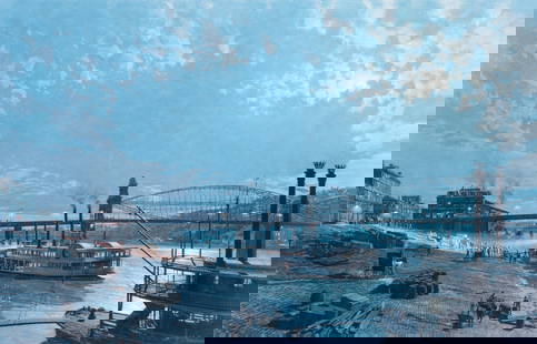 John Stobart litho Pittsburgh, Moonlight over the Monongahela in 1885: Stobart, John (British/American 1929-2023), Pittsburgh, Moonlight over the Monongahela in 1885, offset lithograph, 20.5 x 32 inches, (image size), pencil signed and numbered 198/950, 33 x 42.5 inches
