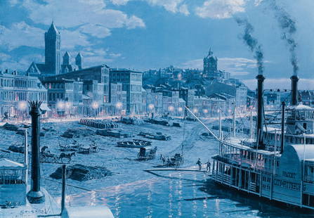 John Stobart Pittsburgh Water Street Offset Litho 1993 Signed: Stobart, John (British/American, 1929-2023), Pittsburgh Water Street by Gaslight in 1899, 1993, printed later, offset lithograph, pencil signed and editioned 538/850 at lower right, also signed and da