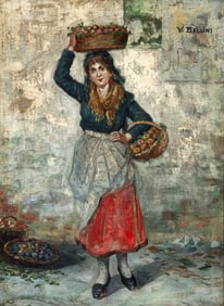 V. Bellini Oil on Canvas Beautiful Fruit Vendor
