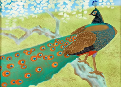 20th Century Japanese enamel on metal Peacock relief
