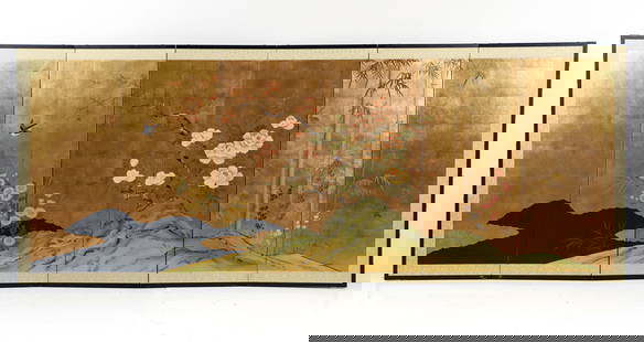 Cockatiel and Chrysantemum 6 panel Asian screen: Asian Screen probably Japanese School, Cockatiel and Chrysantemum 6 panel screen, gouache on gold leaf , a 6 panel screen, measuring 46 x 118 inches