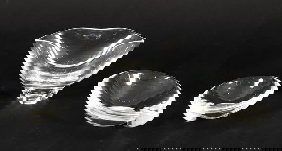 3 pc Steuben Trefoil Bowl and Sloped Ashtray 1950s: 3 pc Steuben glass, includes 2 sloped ashtrays designed by David Hills and 1 trefoil bowl, 1950s, all incised "Steuben" at base, ashtrays measure 3.75 x 4.25 x 1.25 inches and 5 x 5.5 x 2 inches, bowl