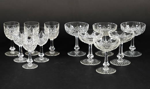 12 pc Baccarat Colbert Crystal Champagne and Claret Glasses: Baccarat (France), 12 pc lot includes 6 champagne coupes and 6 claret glasses from the Colbert collection, early 20th century, cut crystal, all with "Baccarat France" hallmark etched at base, champagn