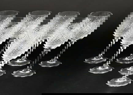 Set of 8 Mid/Late 20th Century Cut Glass Wine Glasses: Set of 8 clear cut glass wine glasses, American, mid/late 20th century. Diamond and fan pattern. Apparently unetched and unlabeled. 7.5 x 3 inches.