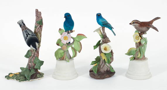 4 Boehm Figures, Indigo Buntings, Sparrow, Nuthatch: 4 Boehm porcelain figures. Includes: Indigo Bunting 400-33, Indigo Bunting 429E, White Throated Sparrow, Nuthatch. All appropriately marked. Ranging in size from 10.25 x 6 x 4 inches to 9 x 5.5 x 5