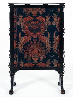 Ebonized 19th Century Fire Screen with Fabric Insert: Ebonized wood 19th century fire screen with fabric insert. Resting on paw feet. 43.25 x 27.5 x 13.5 inches.