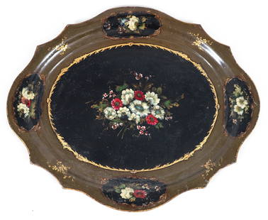 19th Century Hand Painted Large Tole Tray: Hand painted 19th century tole tray. Floral motif throughout. Numbered at back. 1.5 x 31.5 x 26.5 inches.