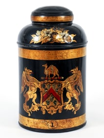 English Armorial Hand Painted Tea Canister