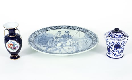 Meissen Cobalt Vase, Boch Delft Charger, Maioliche Jar