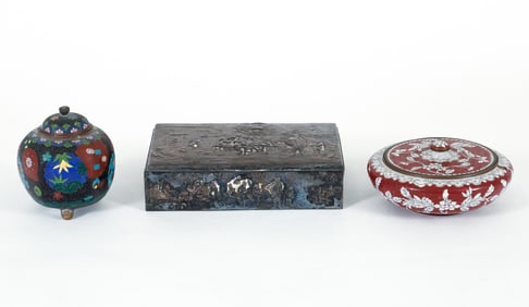 Cloisonne Lidded Vessels, Silver Plate Danish Repousse Box