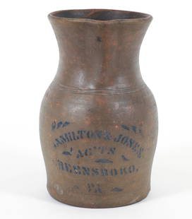 Hamilton and Jones Greensboro PA Stoneware Jar: Antique stoneware jug from Western Pennsylvania, Hamilton and Jones, AG'TS, Greensboro. PA., 10.5 inches tall, nice reddish brown patina. Frank Hamilton and John Jones worked in Greensboro, PA (Greene