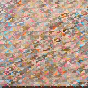 American Broken Dish Pattern Quilt circa 1920: American Quilt School, circa 1920, Broken Dish Pattern silk pieced quilt, 48 x 48 inches framed in a large Plexi-glass shadow box measuring 52.5 x 52.5 x 3 inches , Provenance: American Hurrah Gallery