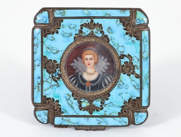 Italian Gilt 800 Silver and Enamel Compact with Mini Portrait
