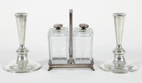 Pair Gorham Sterling Candlesticks, Hawkes Cruets
