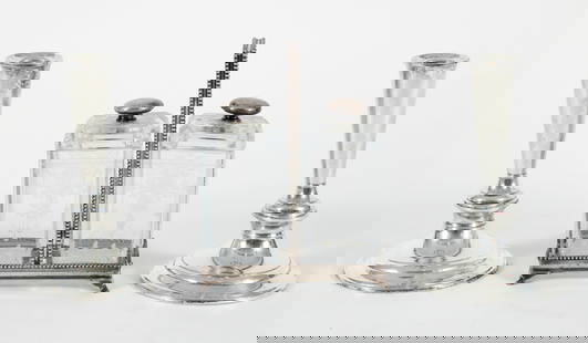 Pair Gorham Sterling Candlesticks, Hawkes Cruets: Lot of 3. Includes a pair of Gorham weighted sterling silver candlesticks, American, early/mid 20th century. Together with a Hawkes floral motif etched crystal cruets with sterling silver knobs on bea