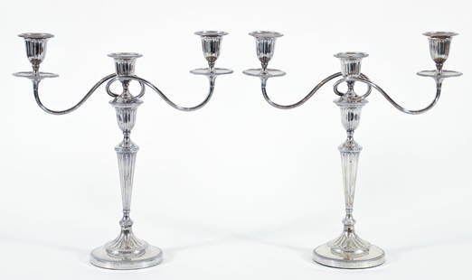 Pair of Weighted Silver Plate Candelabra: Pair of 20th century weighted silver plate convertible candelabra, each with two reeded and twisted arms, and three urn form candle cups with three removable bobeches. Tops can be removed, bases can b