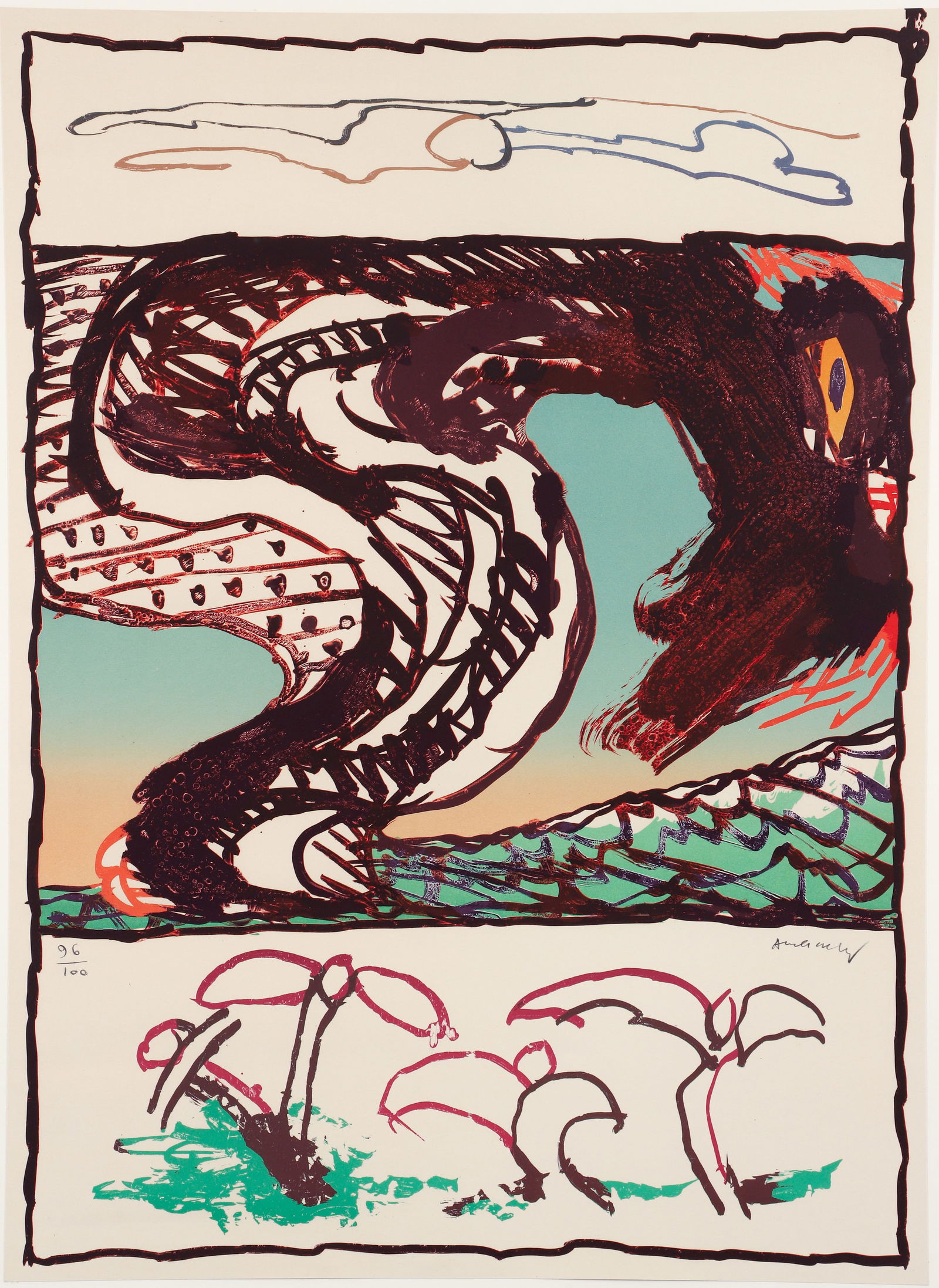 Pierre Alechinsky Trondheim Signed Lithograph 1977: Alechinsky, Pierre (Belgian, b. 1927), Trondheim, 1977, color lithograph on wove paper, signed and numbered 96/100 in pencil, sheet 33.25 x 24.25 inches, floated in a silver metal frame 36.25 x 27.25