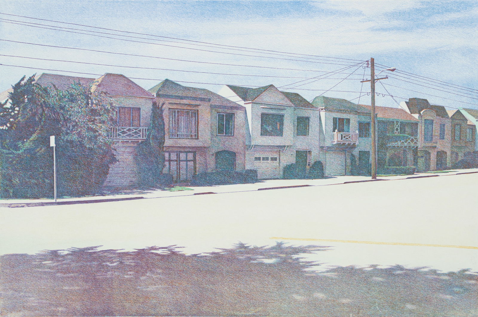 Robert Bechtle 1982 soft ground etching Sunset Street: Bechtle, Robert (American, 1932-2020), Sunset Street, 1982, color soft ground etching, Image: 404 x 606 mm (15 7/8 x 23 7/8 inches); Sheet: 575 x 760 mm (22 5/8 x 29 15/16 inches), pencil signed and n