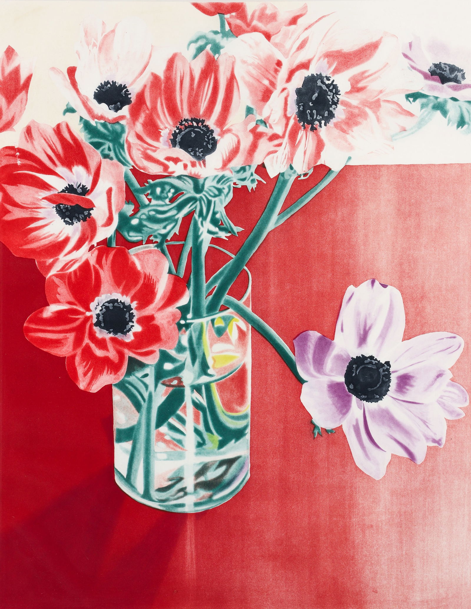 Carolyn Brady 1981 color aquatint Anemones on Red Tables: Brady, Carolyn (American, 1937-2005), Anemones on Red Tables, 1981, aquatint printed in colors, pencil signed , dated, and numbered 12/50, framed measuring 38 x 32 inches.