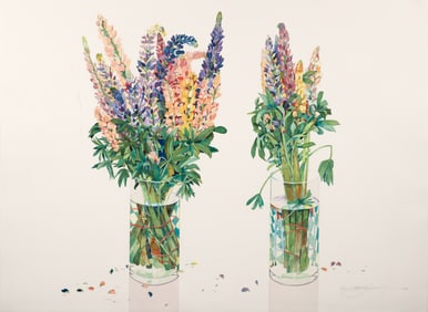 Gary Bukovnik Color Lithograph 1988 Signed Lupines in Vases