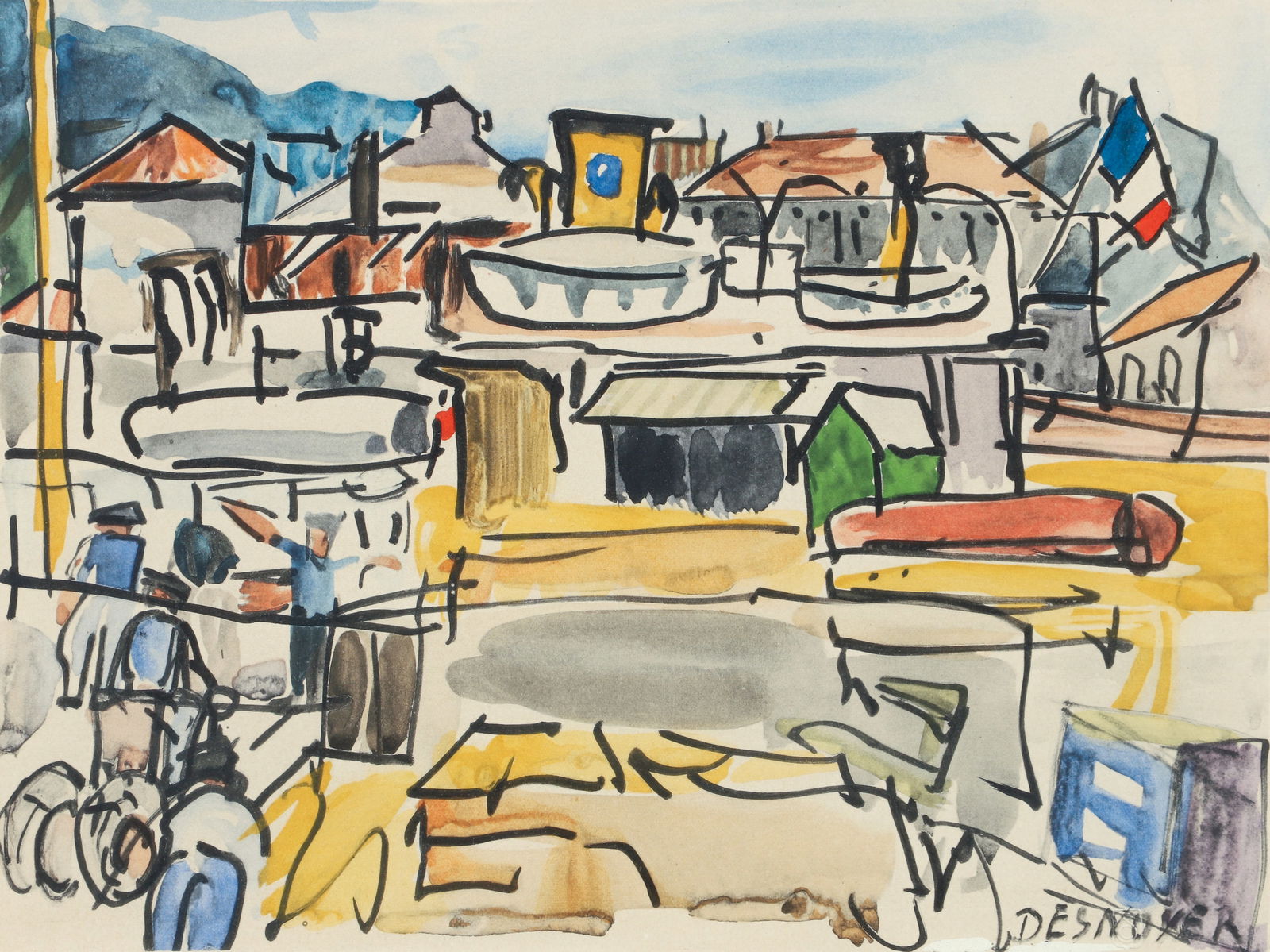 Francois Desnoyer Quais du Port Lithograph Signed 1961: Desnoyer, Francois (French, 1894-1972), Quais du Port, 1961, color lithograph, signed and editioned 8/280 at lower margin, also signed in the print, image size 9.5 x 12.5 inches, framed 20.5 x 24.75 i