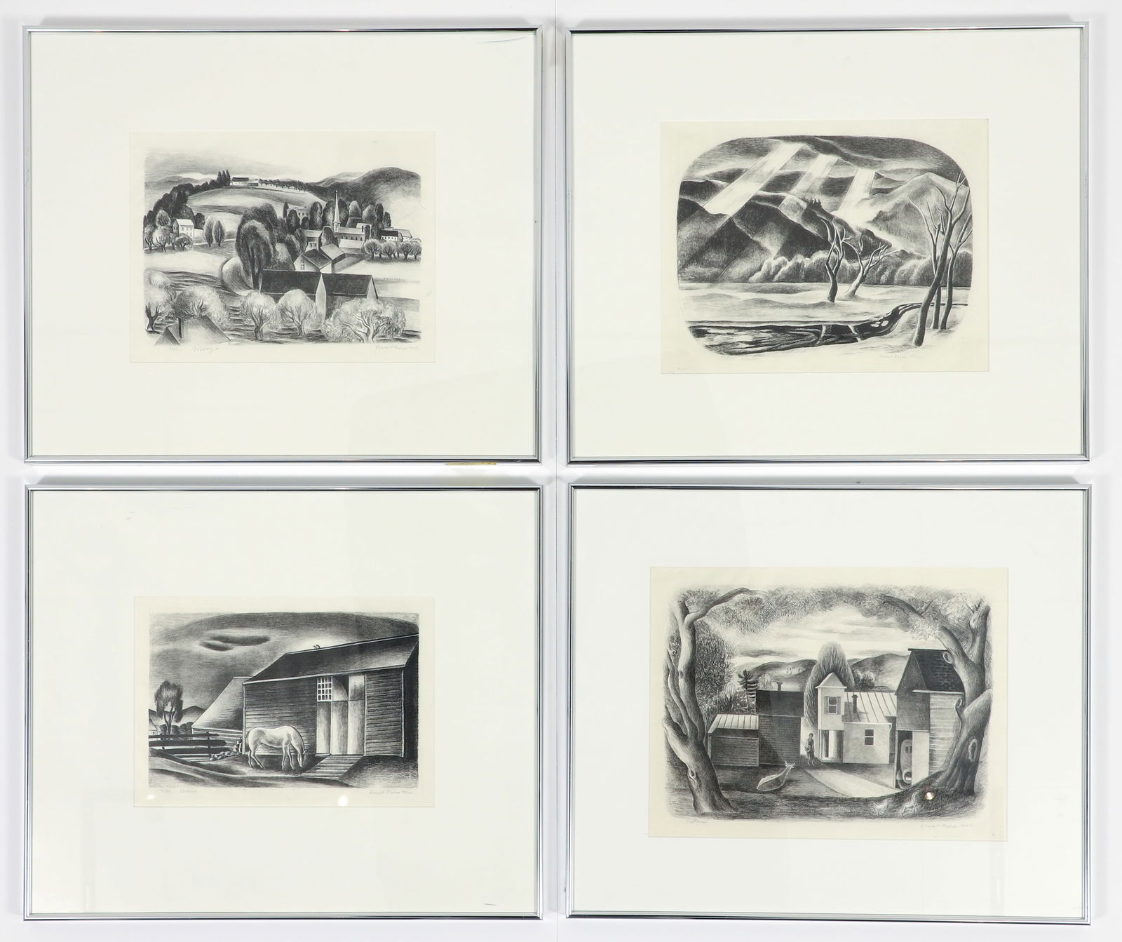 4 Ernest Fiene pencil signed lithographs 1920s: Fiene, Ernest (German/American, 1894-1965), Barns, 1926, 16/30, Village, 1927, 11/50, Winter, 1926, 19/30, Barn, 1927, 11/58, all lithographs, each pencil signed and numbered, approximately 10 x 14 in