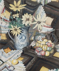 Sondra Freckelton 1980 color pochoir Plums and Gloriosa Daisies
