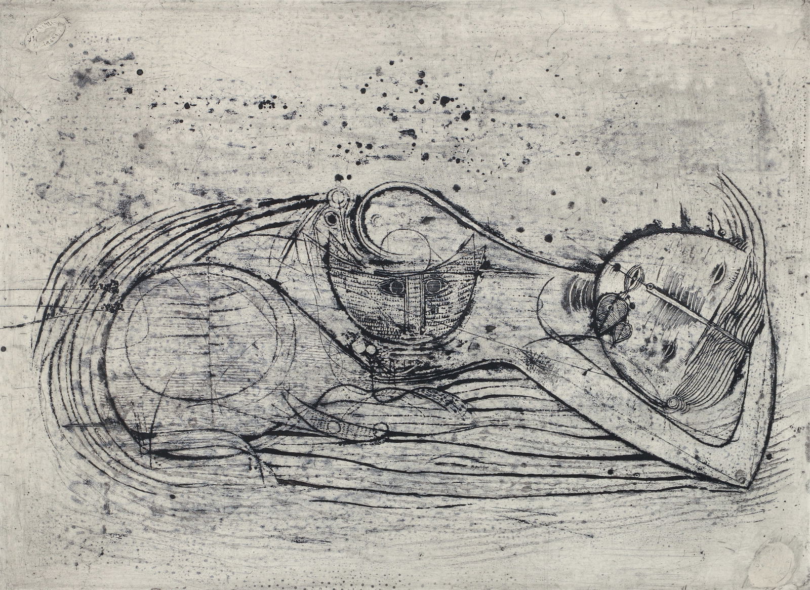 Johnny Friedlaender Reclining Girl with Cat Aquatint Signed: Friedlaender, Johnny (German, 1912-1992), Reclining Girl with Cat, circa 1950s, etching and aquatint, pencil signed and editioned 45/65 at lower margin, plate size 14.75 x 20 inches, framed 23.5 x 28.