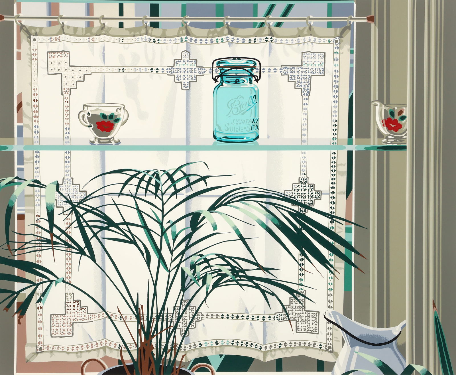 Nancy Hagin 1983 color screenprint Lace Curtains: Hagin, Nancy (American, born 1940), Lace Curtain, 1983, serigraph printed in colors, plate: 27 1/4 x 33 1/2 inches, pencil signed, dated, copyrighted and numbered 7/125, Provenance: Fischbach Gallery,