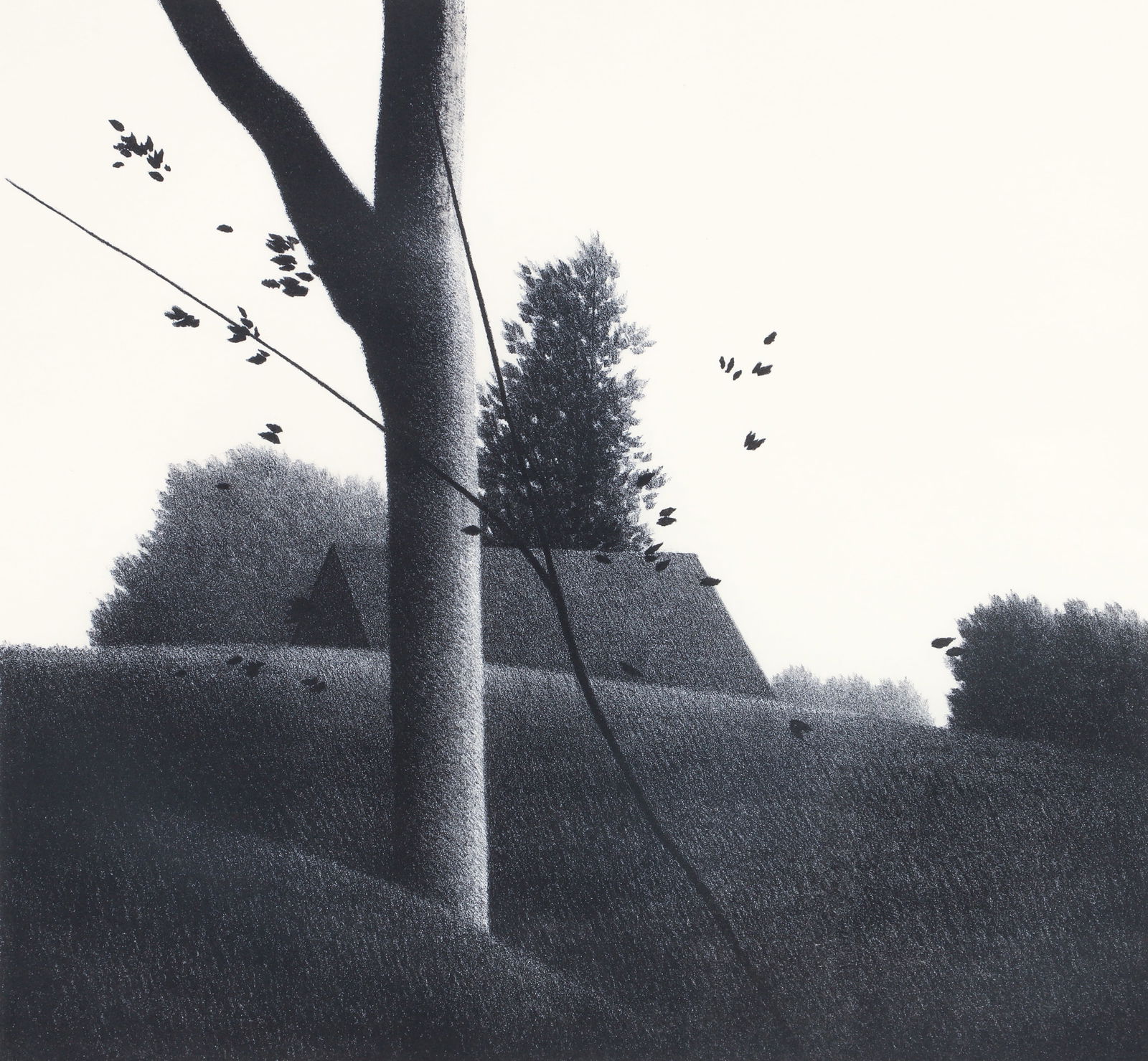 Robert Kipniss House and Tree Lithograph Signed: Kipniss, Robert (American, b. 1931), House and Tree, late 20th century, lithograph, pencil signed and editioned 11/20 at lower margin, image size 16 x 17 inches, framed 26.25 inches square.